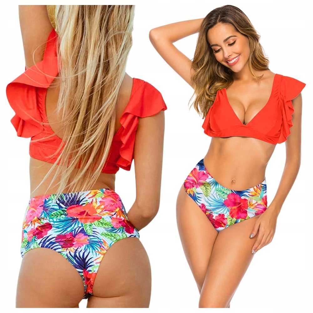 KOSTIUM KĄPIELOWY STRÓJ W KWIATY FALBANKA DWUCZĘŚCIOWY Z WYSOKIM STANEM L