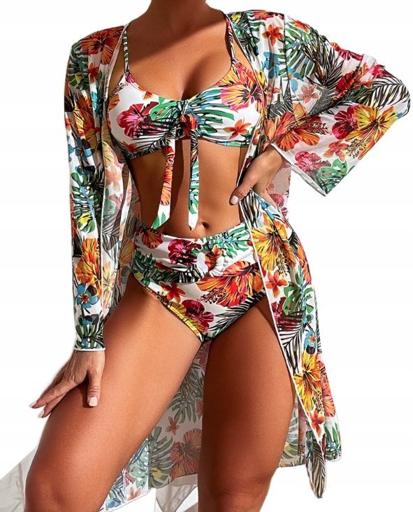 Modny Strój Kąpielowy Bikini Z Pareo Kwiaty Tropikalne Kwiatki L