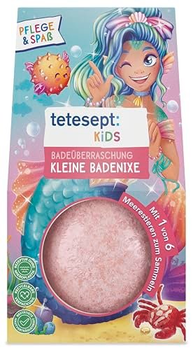 tetesept Kids Mała kąpielowa niespodzianka 140 g – musująca kula do kąpieli o jagodowym zapachu i figurce ze zwierzętami morskimi – pielęgnująca zabawa w kąpieli i różowa woda, wegańska
