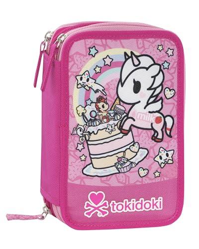 TOKIDOKI Oficjalny piórnik szkolny Tokidoki, 3 przegródki dla dziewczynek i dzieci, z zestawem na artykuły pa, Frixion niebieski długopis, praktyczne zamknięcie na zamek błyskawiczny, 20 x 13