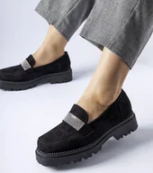 Mokasyny damskie - Czarne mokasyny z eko-zamszu Nicholls z cyrkoniami-39 - miniaturka - grafika 1