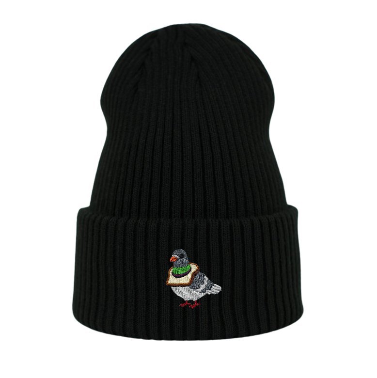 Haftowana czapka beanie - GOŁĄB Z CHLEBEM - czarna