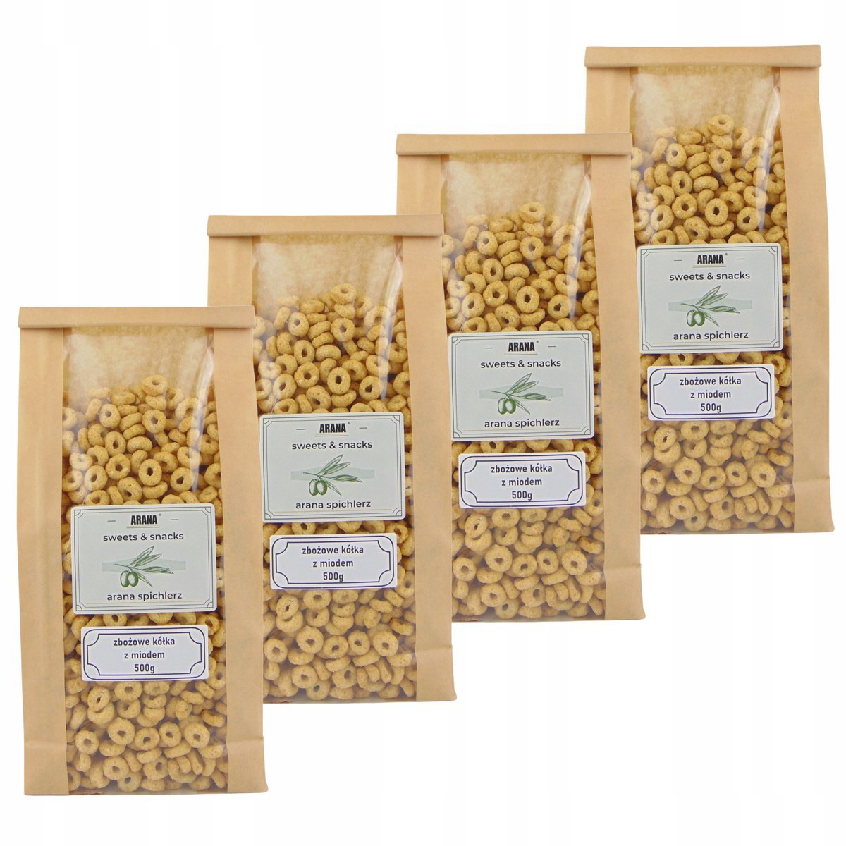 PŁATKI ŚNIADANIOWE 500g miodowe kółeczka zbożowe x4