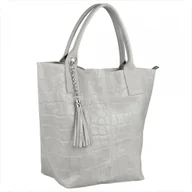 Torebki damskie - Torebka worek skóra naturalna shopper jasny popiel wzór aligatora - miniaturka - grafika 1