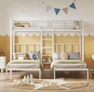 Łóżka dla dzieci i młodzieży - Łóżko na poddaszu Flieks 90x200cm z zabezpieczeniem przed wypadnięciem, łóżko piętrowe z drabinką i ramą z listew, metalowe łóżko dziecięce z półką, łóżko młodzieżowe piętrowe, białe - miniaturka - grafika 1