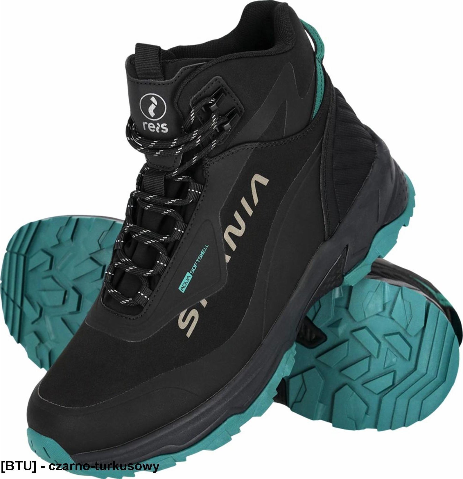 Buty trekkingowe męskie Reis BSPANIA - Buty SPANIA typu trzewik męskie lekkie oddychające wykonane z tkaniny softshell w połączeniu z PU oraz TPU - czarno-turkusowy 41