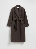 Płaszcze damskie - Reserved - Flauszowy płaszcz z wiązaniem - ciemnobrązowy - miniaturka - grafika 1