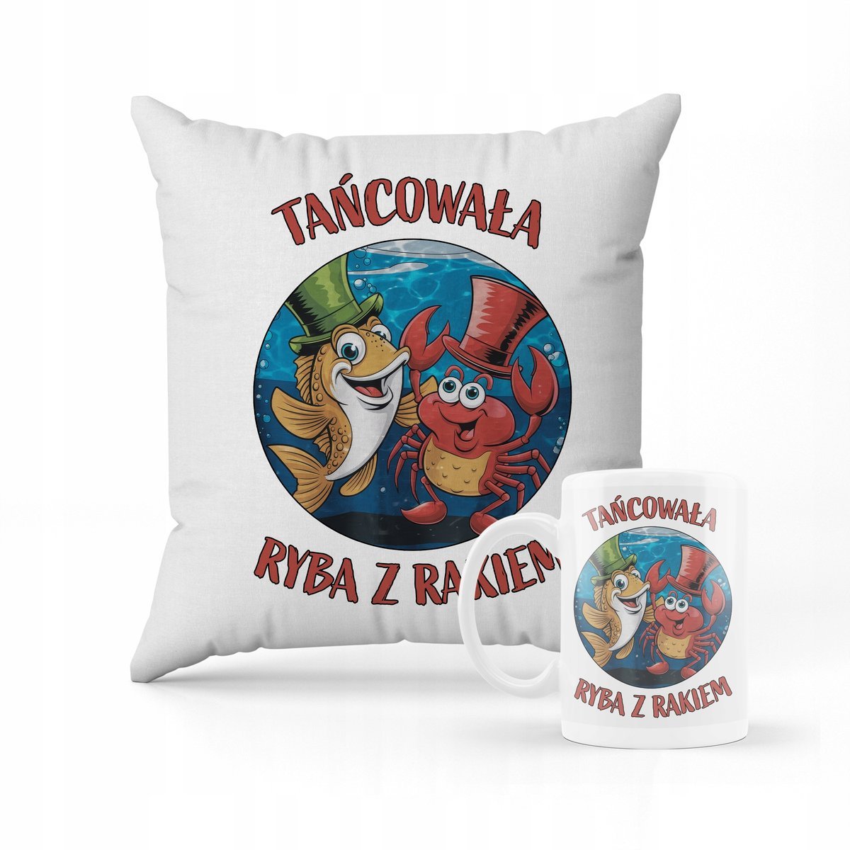 ZESTAW PODUSZKA + KUBEK PREZENT TAŃCOWAŁA RYBA Z RAKIEM Mem Piosenka #7