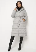 Kurtki damskie - Szara Pikowana Kurtka z Kapturem Wiązanym Paskiem i Zapięciem na Napy Tilinia - miniaturka - grafika 1