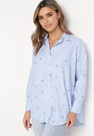 Koszule damskie - Jasnoniebieska Koszula Bawełniana w Paski z Haftowanymi Serduszkami Sanileni - miniaturka - grafika 1