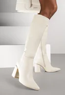 Kozaki damskie - Beżowe Kozaki na Słupku z Metalicznym Zdobieniem i Szpiczastym Noskiem Nisfitta - miniaturka - grafika 1