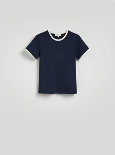 Reserved - T-shirt z kontrastową lamówką - granatowy - Koszulki i topy damskie - miniaturka - grafika 1