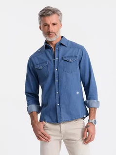 Koszule męskie - Koszula męska jeansowa na zatrzaski - niebieska V2 K567 - grafika 1