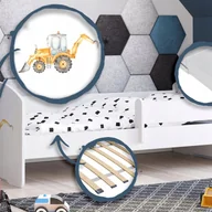 Łóżka dla dzieci i młodzieży - Białe Łóżko Dziecięce 160x80 cm z Motywem Koparki z Barierką – W Zestawie Materac Piankowy i Pełna Konstrukcja, Wymiary: 164x88x63 cm - miniaturka - grafika 1