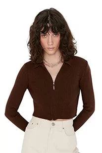 Trendyol Damski sweter z dekoltem polo gładki wąski kardigan, brązowy, M, Brązowy, M - Swetry damskie - miniaturka - grafika 1