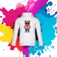 Bluzy dla dziewczynek - Bluza dziecięca typu kangurka z kapturem w kolorze białym z nadrukiem miś Leszek 4 lata - miniaturka - grafika 1