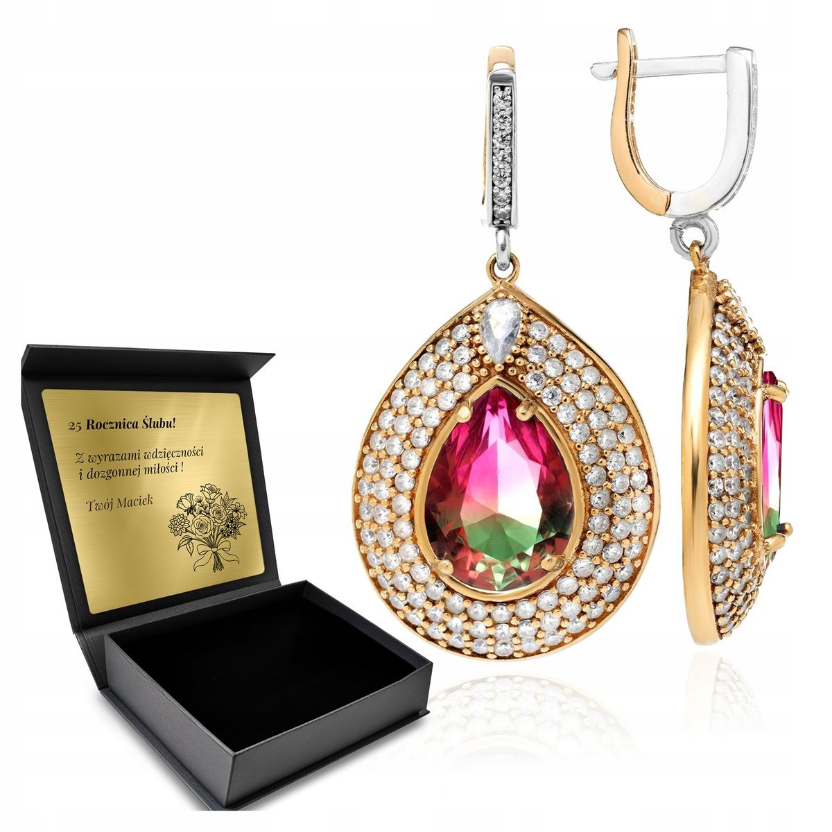 Kolczyki Srebrne 925 Cyrkonie I Turmalin Biżuteria Dla Kobiety + Grawer