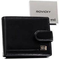 Portfele - Elegancki czarny portfel męski na zatrzask ROVICKY skóra naturalna mały czarny na karty na prezent ochrona RFID - miniaturka - grafika 1