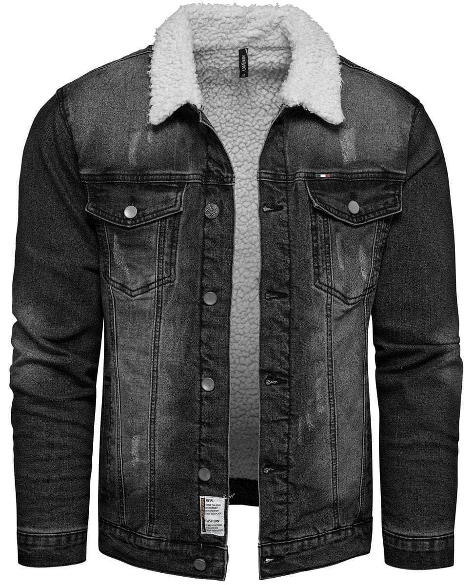 Kurtka męska jeansowa z futrem czarna Recea - S