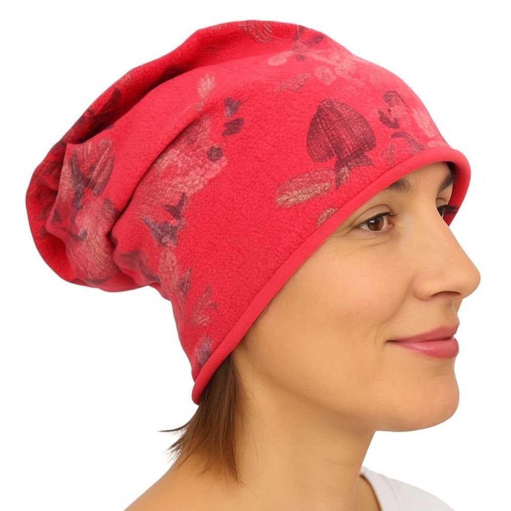 Czapka damska Beanie włoska cienka smerfetka różowa kwiatowa