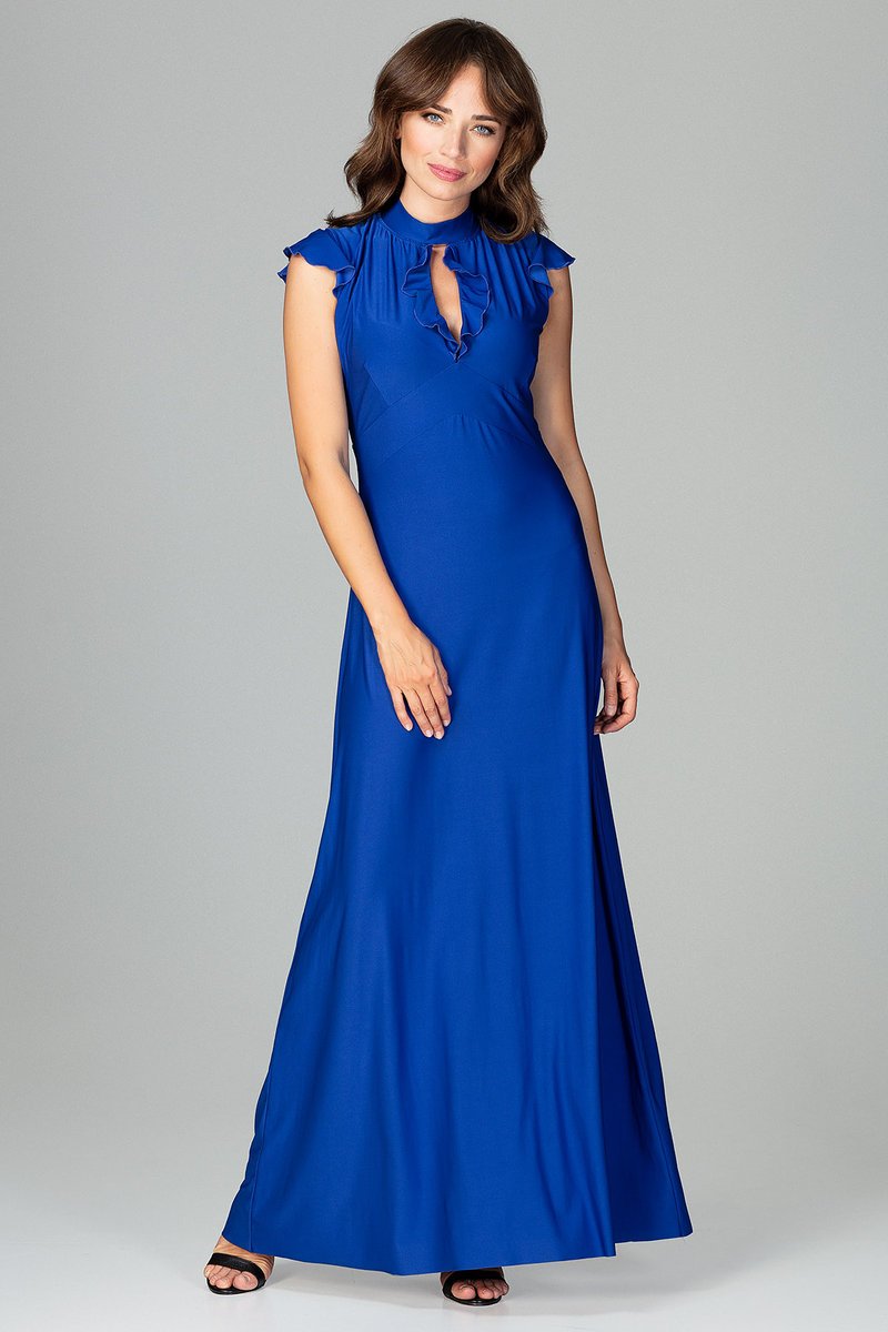 Elegancka damska sukienka maxi bez rękawów z półgolfem Lenitif - K486, szafirowa, XL