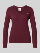 Swetry damskie - Sweter z dzianiny z mieszanki wełny jagnięcej z dekoltem w serek - miniaturka - grafika 1