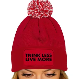 CZAPKA POMPON ZIMOWA Czerwona THINK LESS LIVE MORE Zabawne Wzory - Czapki damskie - miniaturka - grafika 1