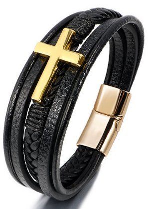 Skórzana bransoleta plecionka z złotym krzyżem 23cm