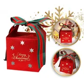 Ozdoby bożonarodzeniowe - Pudełko PREZENTOWE ozdobne czerwone, MERRY CHRISTMAS z kokardą 10x10x10 cm OPO39 - miniaturka - grafika 1