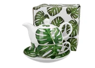 Zaparzacze i kawiarki - Dzbanek do herbaty porcelanowy z filiżanką i spodkiem DUO MONSTERA 350 ml - miniaturka - grafika 1