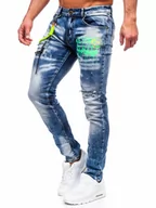 Spodnie męskie - Granatowe spodnie jeansowe męskie slim fit z szelkami Denley E7853 - miniaturka - grafika 1