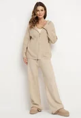 Komplety damskie - Beżowy Komplet z Wełną i Bawełną Szerokie Spodnie i Rozpinana Bluzka z Kapturem Reikania - miniaturka - grafika 1