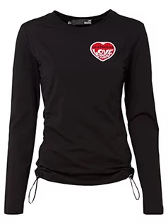 Koszulki i topy damskie - Love Moschino Obcisła koszulka damska z długimi rękawami z bokami, zawijane logo, elastyczny sznurek i haftowana naszywka z sercem Love Storm, Czarny, 70 - grafika 1
