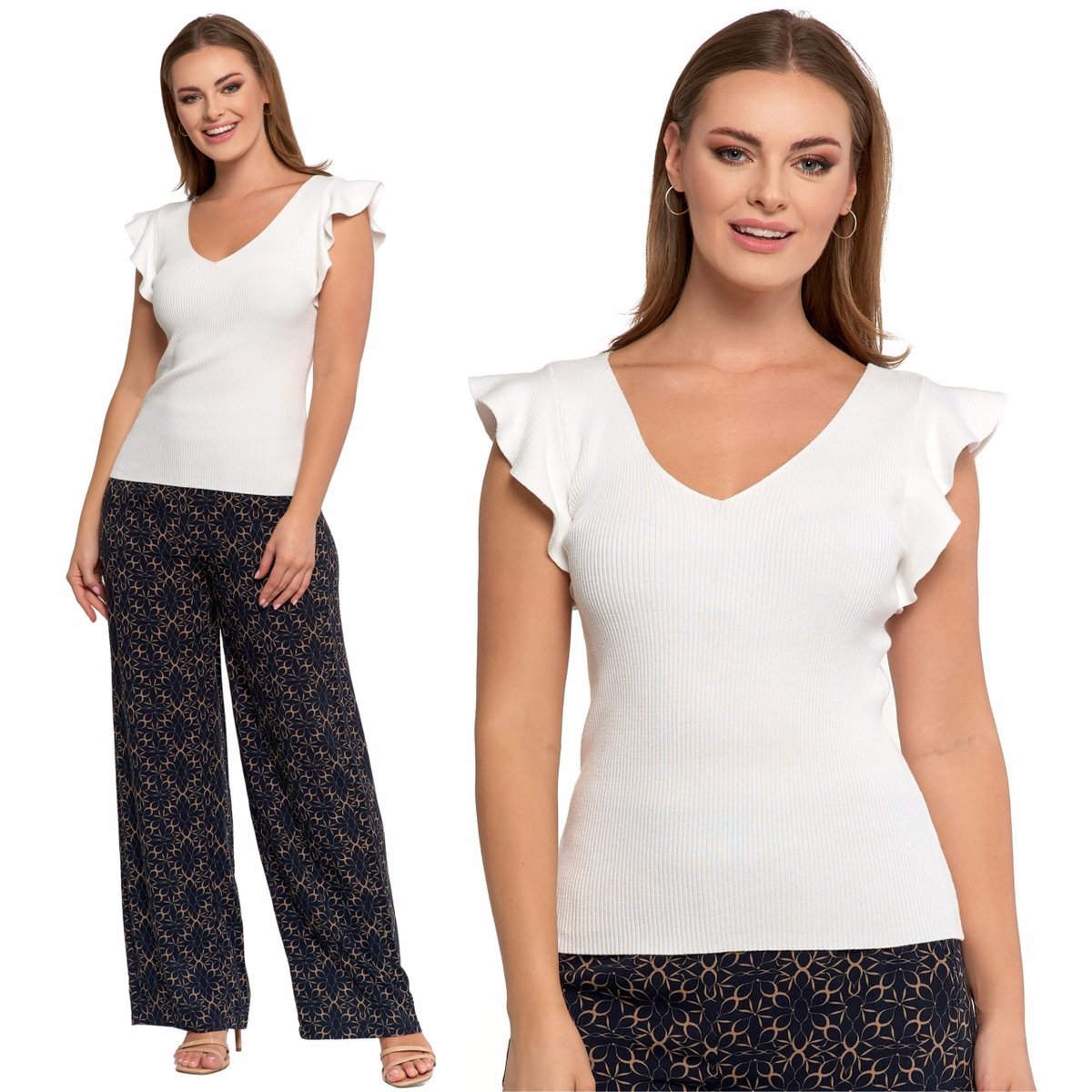 BLUZKA DAMSKA DZIANINA PRĄŻKOWANA WISKOZA FALBANKI SWETERKOWY TOP MORAJ XS WHITE