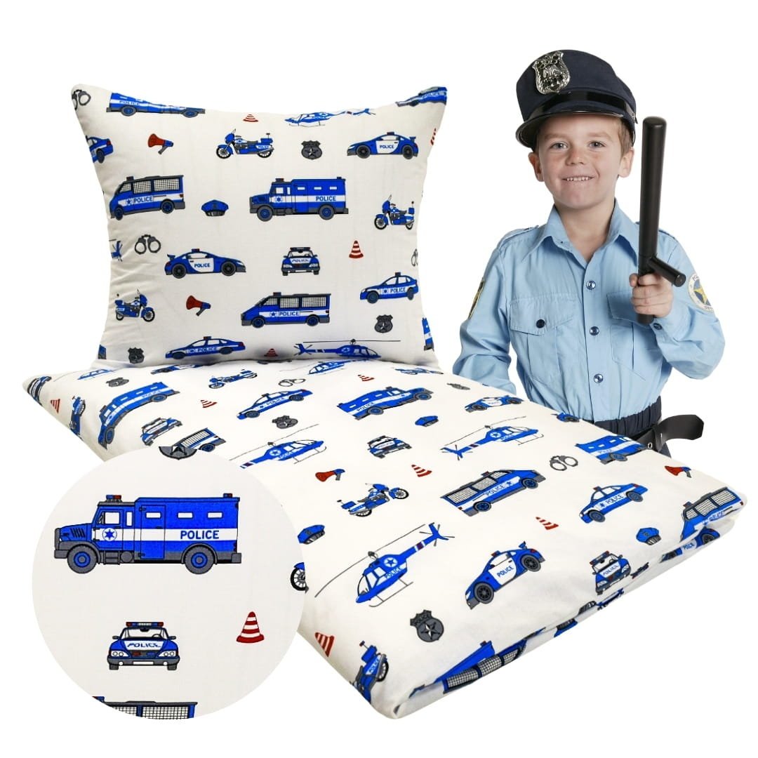 Komplet Pościeli Dziecięcej 100x160 + 50x70 Policja Na Białym 100% Bawełna Polski Producent