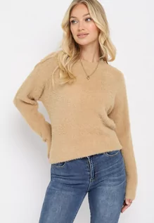 Swetry damskie - Brązowy Klasyczny Sweter z Puchatego Materiału Oversize Miarra - grafika 1
