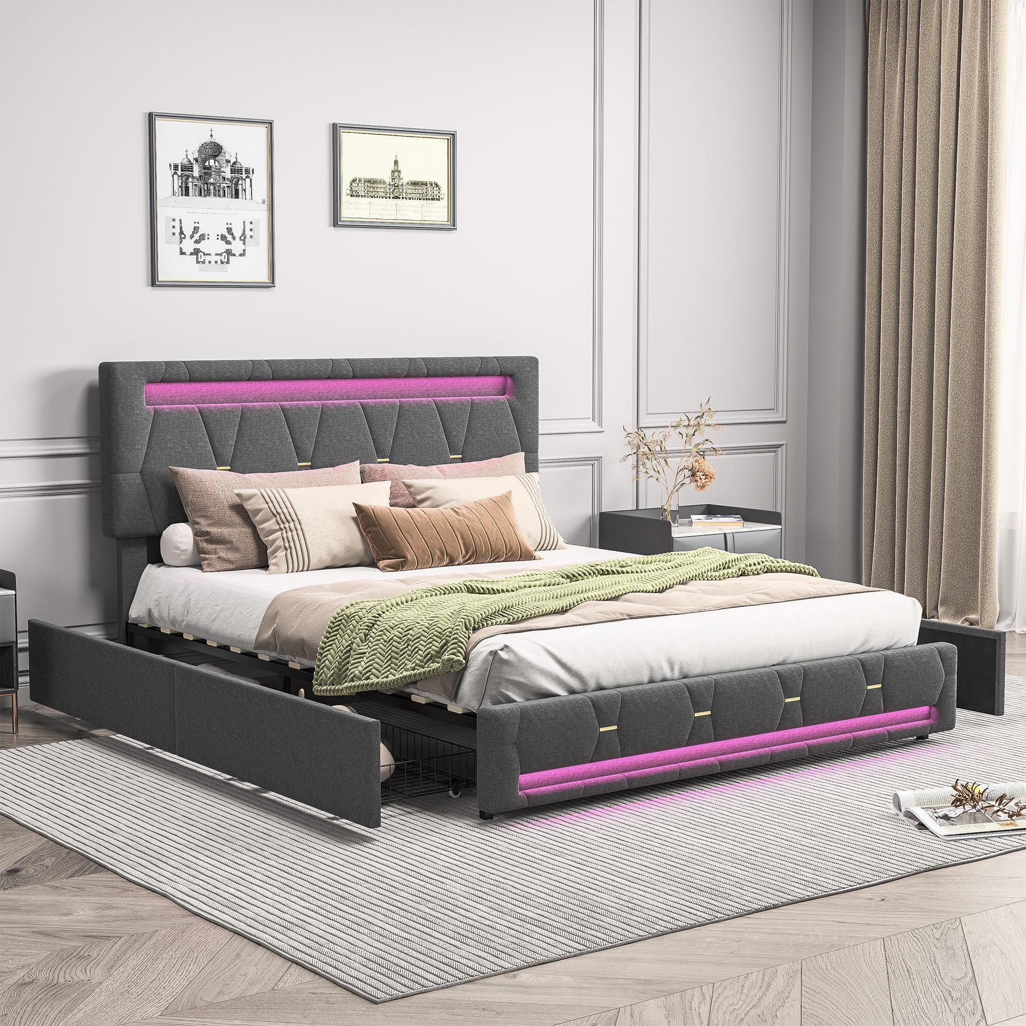 Łóżko tapicerowane Fortuna Lai 160x200cm, podwójne łóżko do przechowywania, ze stelażem listwowym i 4 szufladami, oświetlenie LED, pościel, szary