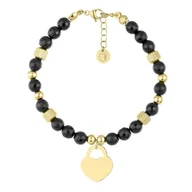 Bransoletki - Pozłacana bransoletka z fasetowanym czarnym onyksem i serduszkiem kłódką do personalizacji - Manoki - miniaturka - grafika 1