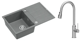 Quadron Unique Zlewozmywak granitowy jednokomorowy 78*50*22 cm z ociekaczem MORGAN 111 SILVER STONE z syfonem Push-2-Open w kolorze stalowym z baterią JESSICA Q LINE z wyciąganą wylewką i funkcją prysznica kolor stal szczotkowana - Zlewozmywaki z baterią - miniaturka - grafika 1