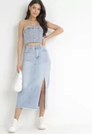 Spódnice - Niebieska Jeansowa Spódnica Maxi z Rozcięciem Lenama - miniaturka - grafika 1