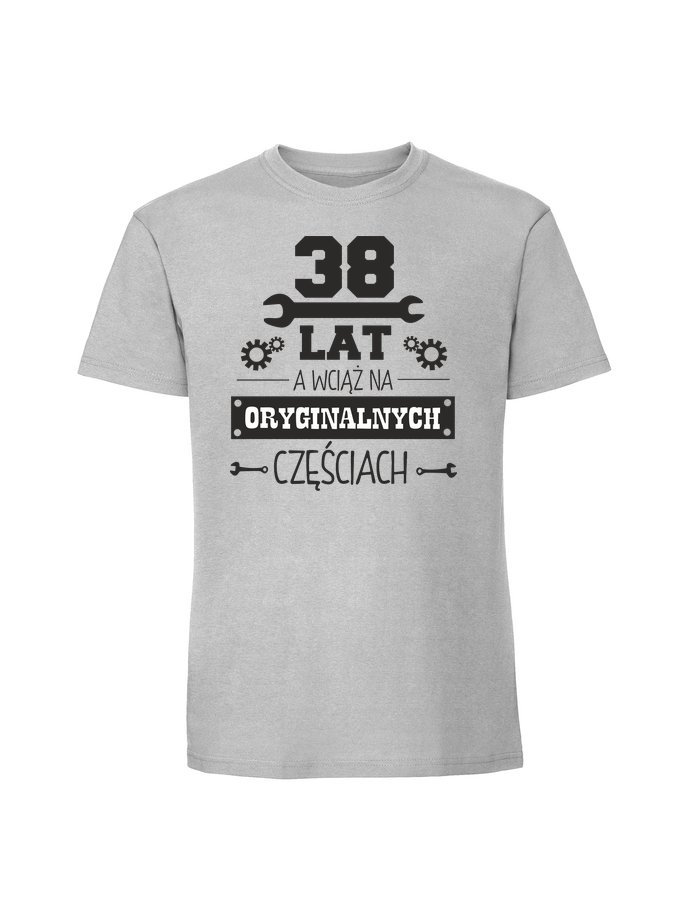 Męska koszulka z nadrukiem - 38 LAT I ORYGINALNE CZESCI Pastelowy szary M