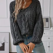 Swetry damskie - TEMU Sweter damski z dekoltem w serek, plecionymi rękawami i detalem skrętu – luźny krój, jednokolorowy pulower na jesień/zimę, teksturyzowany - miniaturka - grafika 1