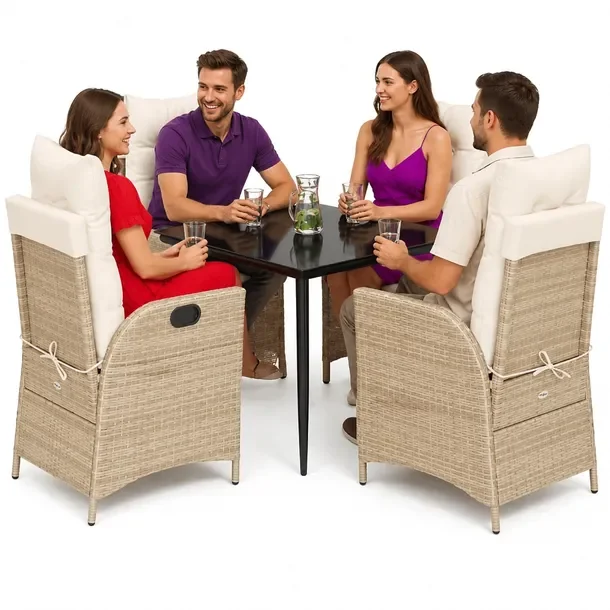 Zestaw mebli ogrodowych: stół + 4 krzesła, rattan PE, czarny/beżowy, 80