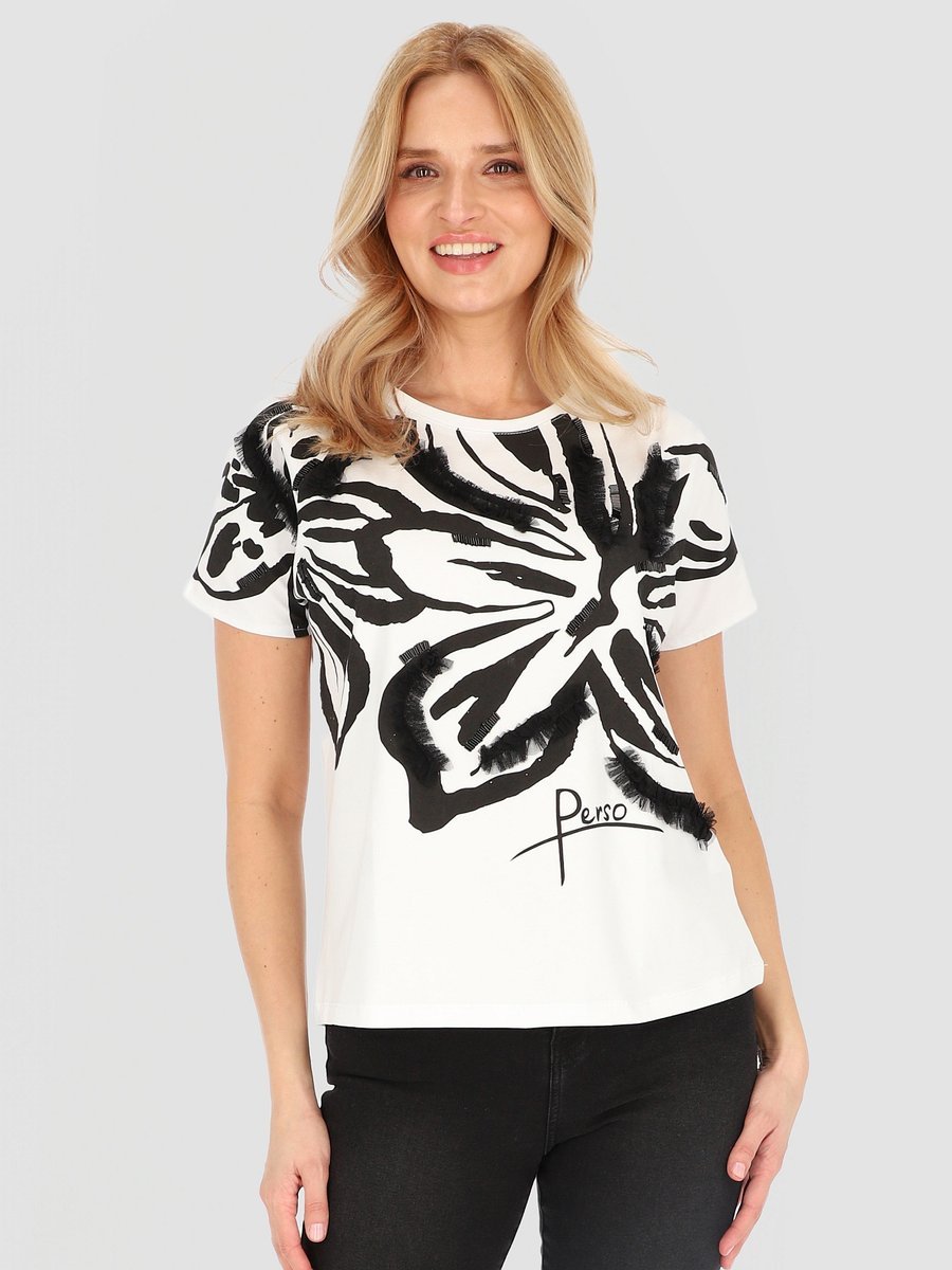 T-SHIRT DAMSKI BAWEŁNIANY Z NADRUKIEM I OZDOBNYMI DETALAMI