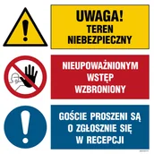 Tablice BHP - OI030 UWAGA! TEREN NIEBEZPIECZNY, NIEUPOWAŻNIONYM WSTĘP WZBRONIONY, GOŚCIE PROSZENI SĄ O ZGŁOSZENIE SIĘ W, ON - BLACHA OCYNK; (700X700MM) - miniaturka - grafika 1