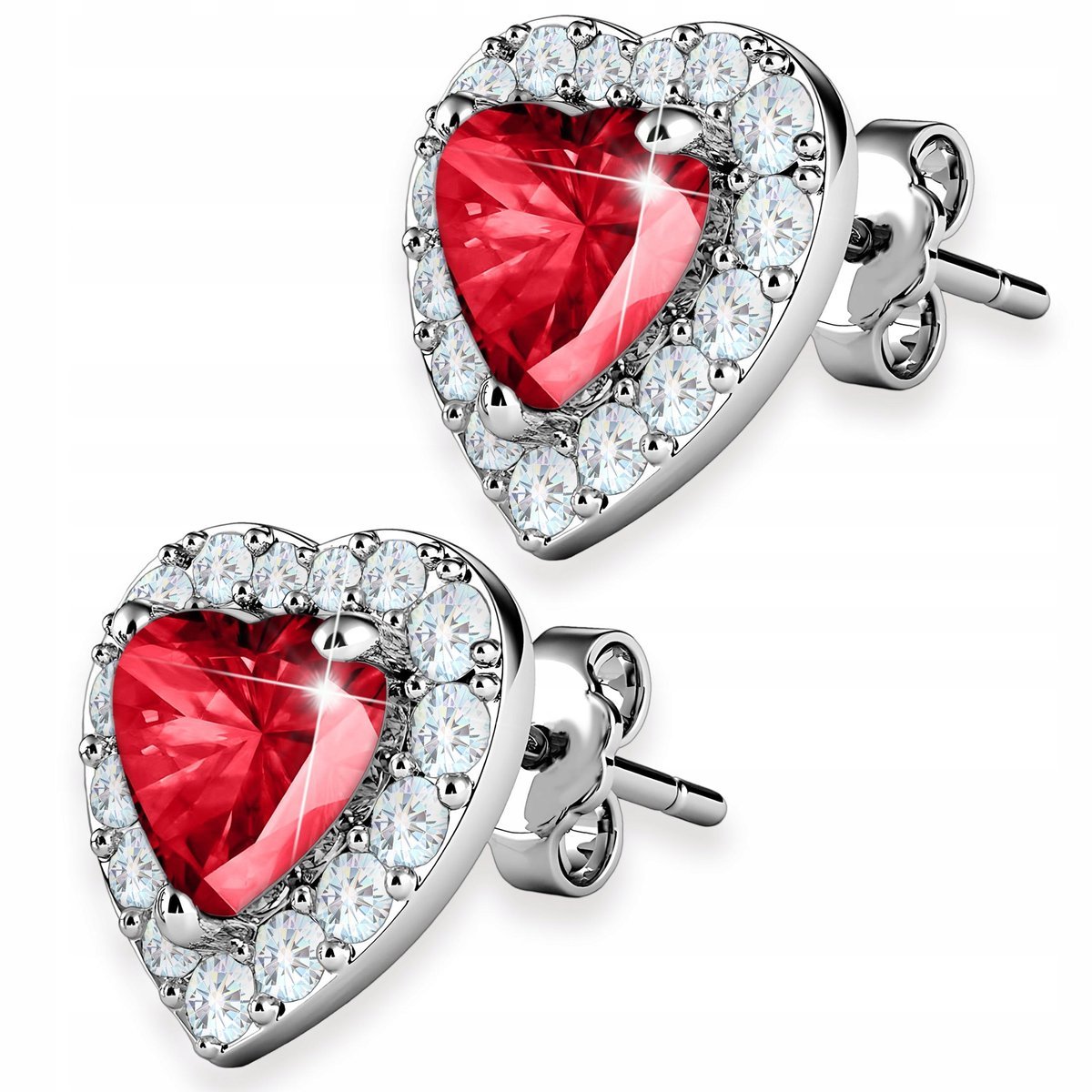 Kolczyki Srebrne Czerwone Serca Rubinowe Kryształowe Cyrkonie SREBRO 925