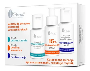 HYDRO LASER AVA PHT Zestaw do domowej eksfoliacji Preparat odtłuszczający, 50ml + Kwas migdałowy 15%, 50ml + Neutralizator, 50ml - Zestawy kosmetyków damskich - miniaturka - grafika 1