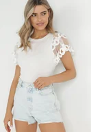 Bluzki damskie - Biała Bluzka z Krótkim Rękawem z Tiulu Yelenol - miniaturka - grafika 1