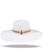 Czapki damskie - Duży damski kapelusz słomkowy z taśmą i literą M - miniaturka - grafika 1