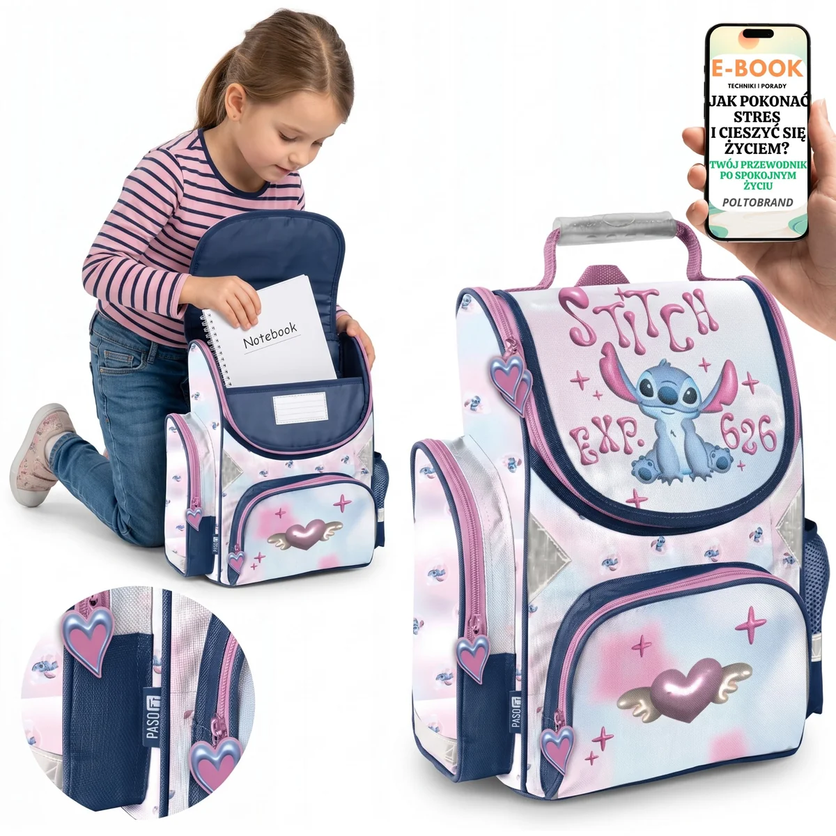 Tornister Paso Stitch Pastelowy z Sercami Usztywniony na Pierwszą Klasę + E-BOOK-1